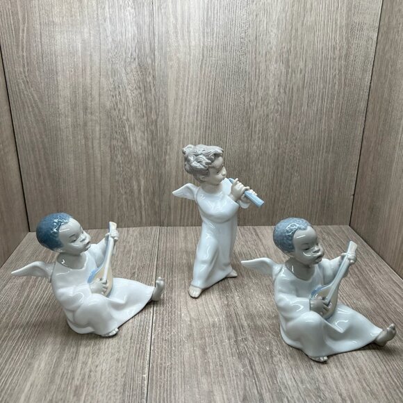 Lladro Angel Figurines Flute & Lute Musicians Porcelain Cherub Set of 3 White - Picture 2 of 16